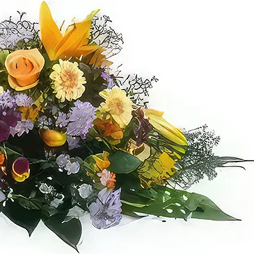 Paris blomster- Oransje & lilla-lilla sørgeracket Jupiter Blomsterarrangementer bukett