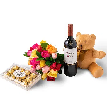 Chile flowers  -  Bouquet of 24 Colored Roses, Chocolate, Teddy Flower Bouquet/Arrangement