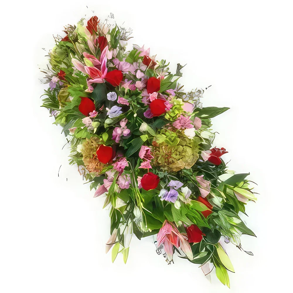 flores de Marselha- Topo de caixão Athena rosa, roxo e vermelho Bouquet/arranjo de flor
