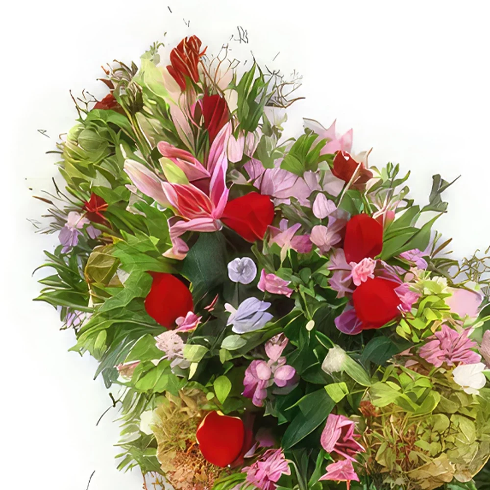 fleuriste fleurs de Bordeaux- Dessus de cercueil rose, mauve et rouge Athén Bouquet/Arrangement floral