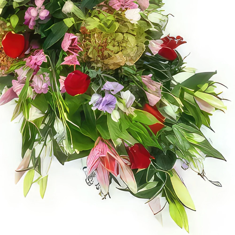 flores de Marselha- Topo de caixão Athena rosa, roxo e vermelho Bouquet/arranjo de flor