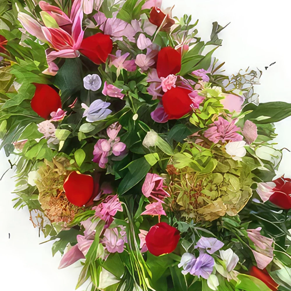 fleuriste fleurs de Paris- Dessus de cercueil rose, mauve et rouge Athén Bouquet/Arrangement floral