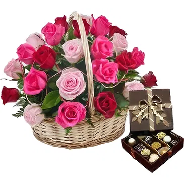 Osidda flowers  -  Basket of Pink Roses and Chocolates Flower Bouquet/Arrangement