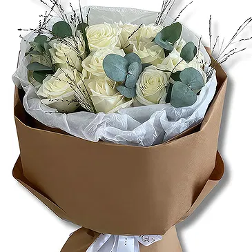 Dubai flowers  -  Premium  White Roses and Eucalyptus Flower Bouquet/Arrangement