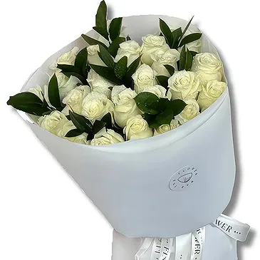 Garhoud flowers  -  Premium White Roses and Ruscus Flower Bouquet/Arrangement