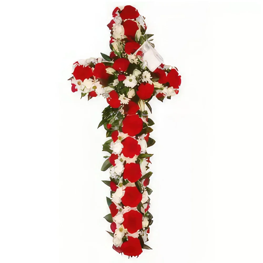Μπράγκα λουλούδια- Κόκκινο και λευκό σταυρό κηδεία Μπουκέτο/ρύθμιση λουλουδιών