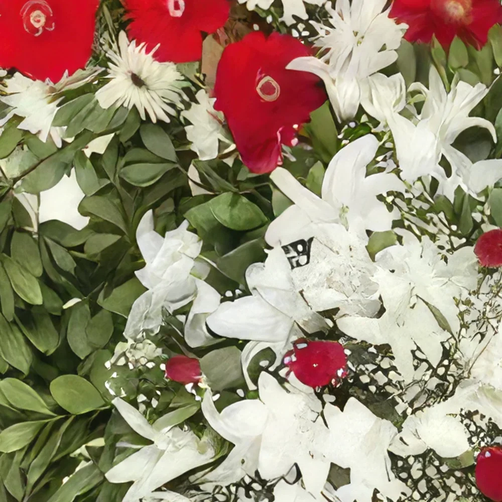 Krakkó-virágok- Vörös és fehér koszorú Virágkötészeti csokor