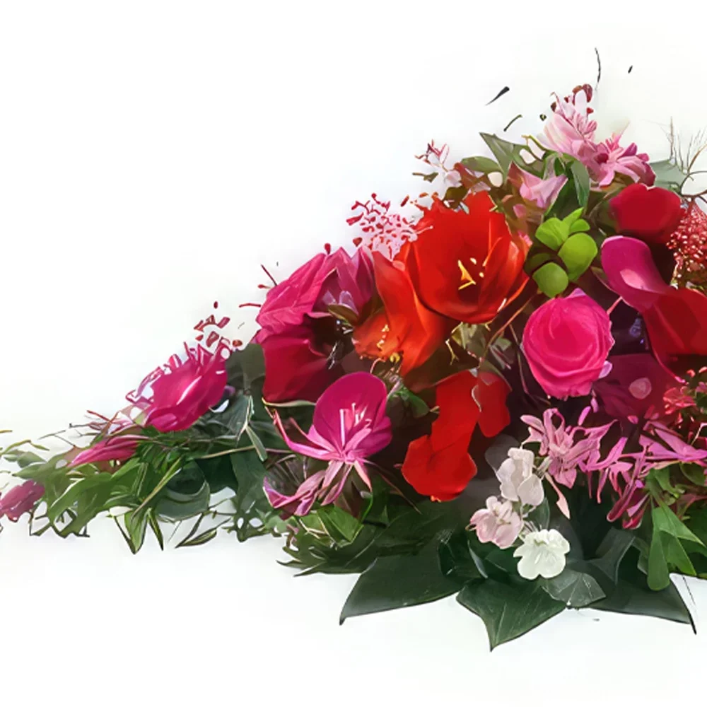 Pau-virágok- Piros, fukszia és rózsaszín Korinthos gyászüt Virágkötészeti csokor
