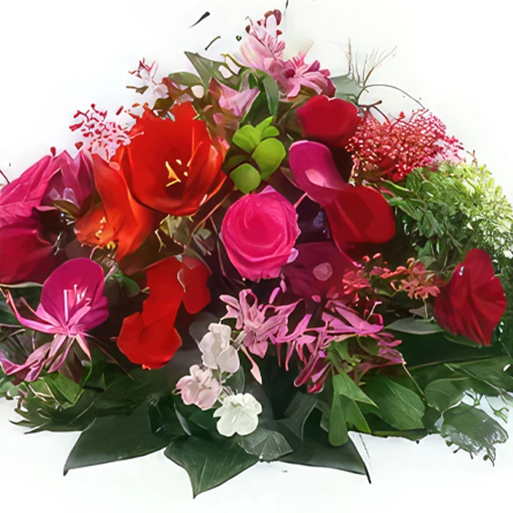 Bordeaux bloemen bloemist- Rood, fuchsia & roze Korinthos rouwracket Boeket/bloemstuk