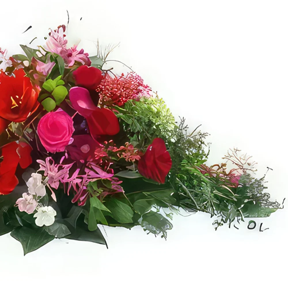 Paris blomster- Rød, fuchsia og rosa Korinthos sorgracket Blomsterarrangementer bukett