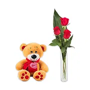 Pernate Online Florist - Tre röda rosor och nallebjörn Bukett