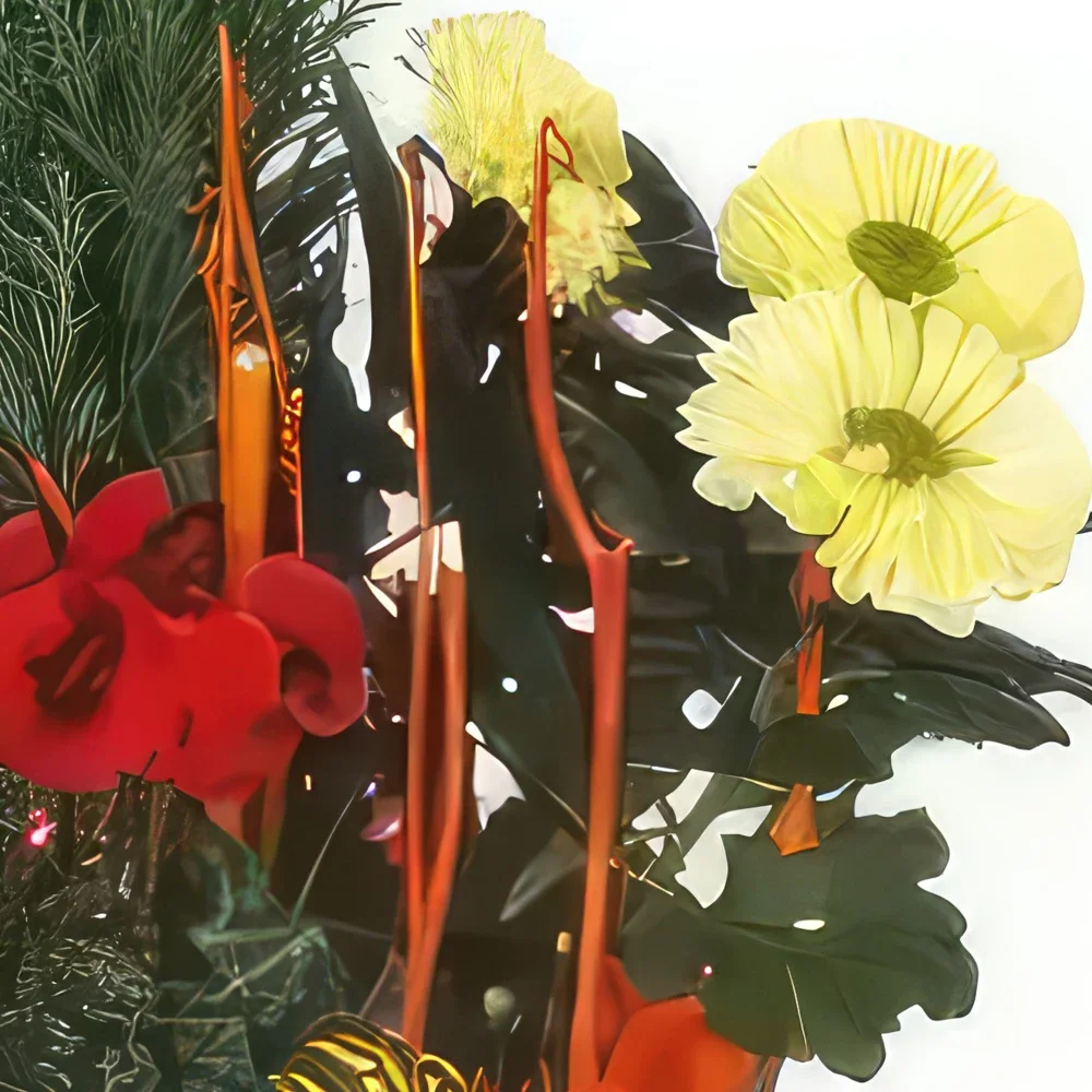 Λιλ λουλούδια- Κόκκινη & κίτρινη πένθιμη σύνθεση Jardin d'Hi Μπουκέτο/ρύθμιση λουλουδιών