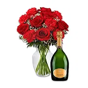 Catania Florista online - Buquê Vermelho com Garrafa de Champanhe Buquê