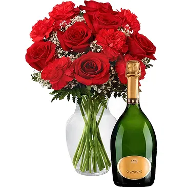Case Lunghe flowers  -  Red Bouquet with Bottle of Champagne Flower Bouquet/Arrangement