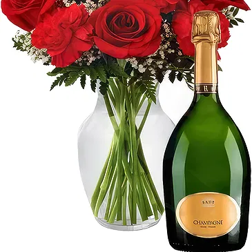 Case Lunghe flowers  -  Red Bouquet with Bottle of Champagne Flower Bouquet/Arrangement