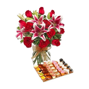 Case Lunghe flowers  -  Red Bouquet with Tray of Pastries Flower Bouquet/Arrangement