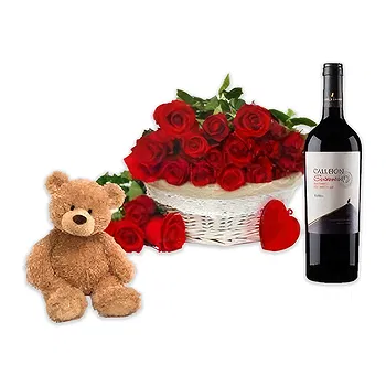 Osidda flowers  -  Basket of Red Roses with Wine and Soft Toys Flower Delivery