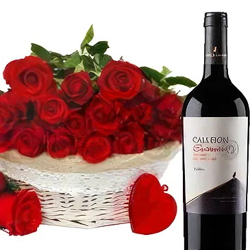 Osidda flowers  -  Basket of Red Roses with Wine and Soft Toys Flower Bouquet/Arrangement