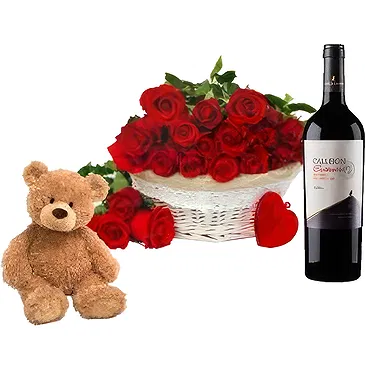 Osidda flowers  -  Basket of Red Roses with Wine and Soft Toys Flower Bouquet/Arrangement