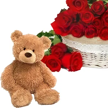 Osidda flowers  -  Basket of Red Roses with Wine and Soft Toys Flower Bouquet/Arrangement