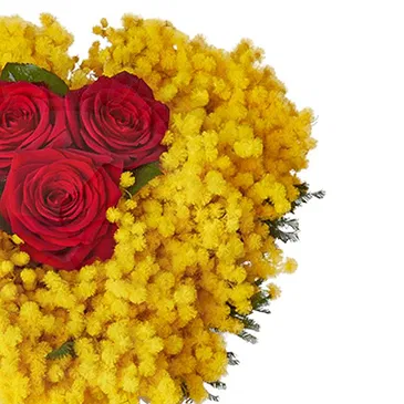 Italy flowers  -  Bouquet of Three Red Roses with Mimosa Flower Bouquet/Arrangement