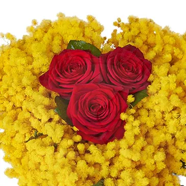 Italy flowers  -  Bouquet of Three Red Roses with Mimosa Flower Bouquet/Arrangement