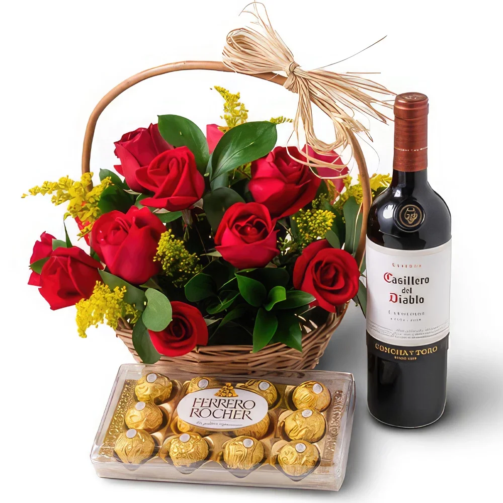 רסיפה פרחים- סל עם 15 ורדים אדומים, שוקולד ויין אדום זר פרחים/סידור פרחים