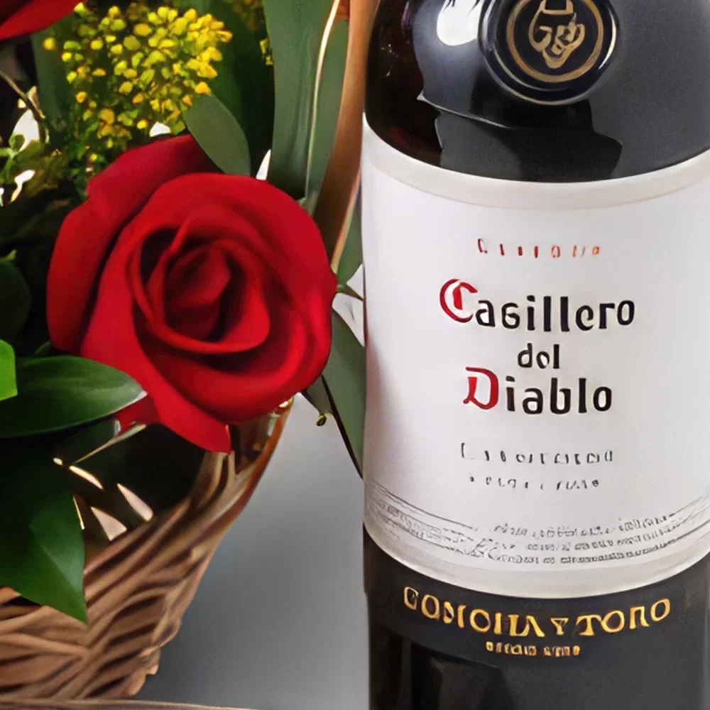 サンパウロ 花- 15本の赤いバラ、チョコレート、赤ワインのバスケット 花束/フラワーアレンジメント