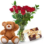 Tarut Online Blumenhändler - Rote Rosen mit Teddy und Pralinen Blumenstrauß
