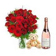 Pernate Online Florist - Röda rosor bukett med vin och mjuka leksaker Bukett