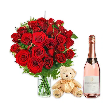 Versciaco di Sopra flowers  -  Red Roses Bouquet with Wine & Soft Toys Flower Bouquet/Arrangement