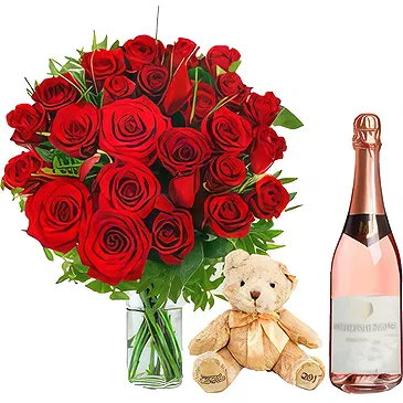 Versciaco di Sopra flowers  -  Red Roses Bouquet with Wine & Soft Toys Flower Bouquet/Arrangement