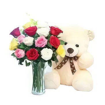 Ad Dilam blomster- Roser med Teddy Blomsterarrangementer bukett