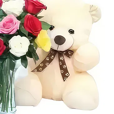 Ad Dilam blomster- Roser med Teddy Blomsterarrangementer bukett