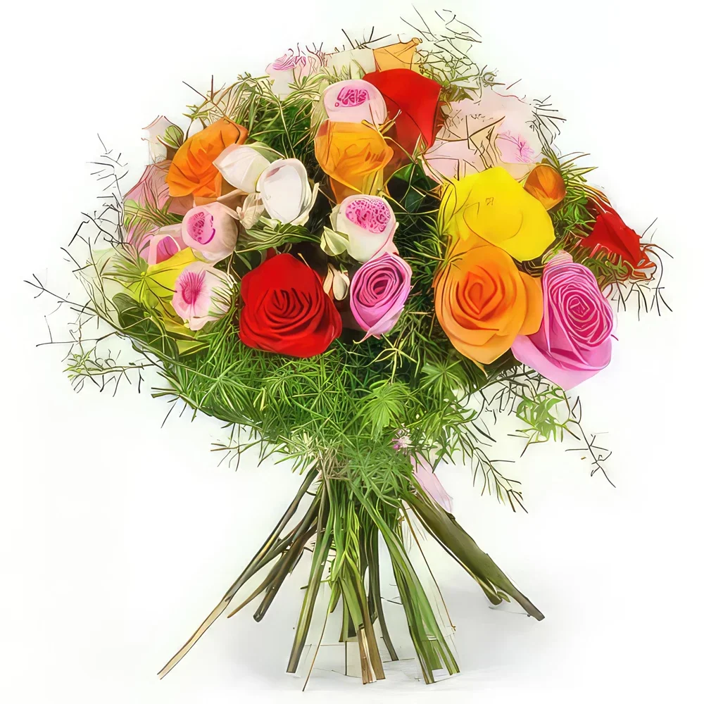 Бордо цветя- Кръгъл букет от многоцветни рози Букет/договореност цвете