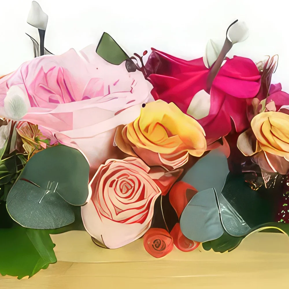 Pau-virágok- Sao Polo rózsa hosszúkás kompozíció Virágkötészeti csokor