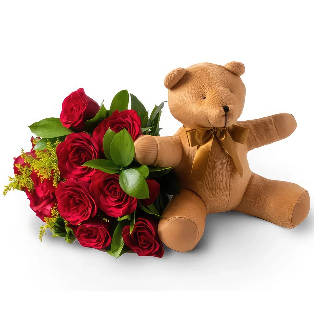 Belém kvety- Kytica 12 červených ruží a teddybear Aranžovanie kytice
