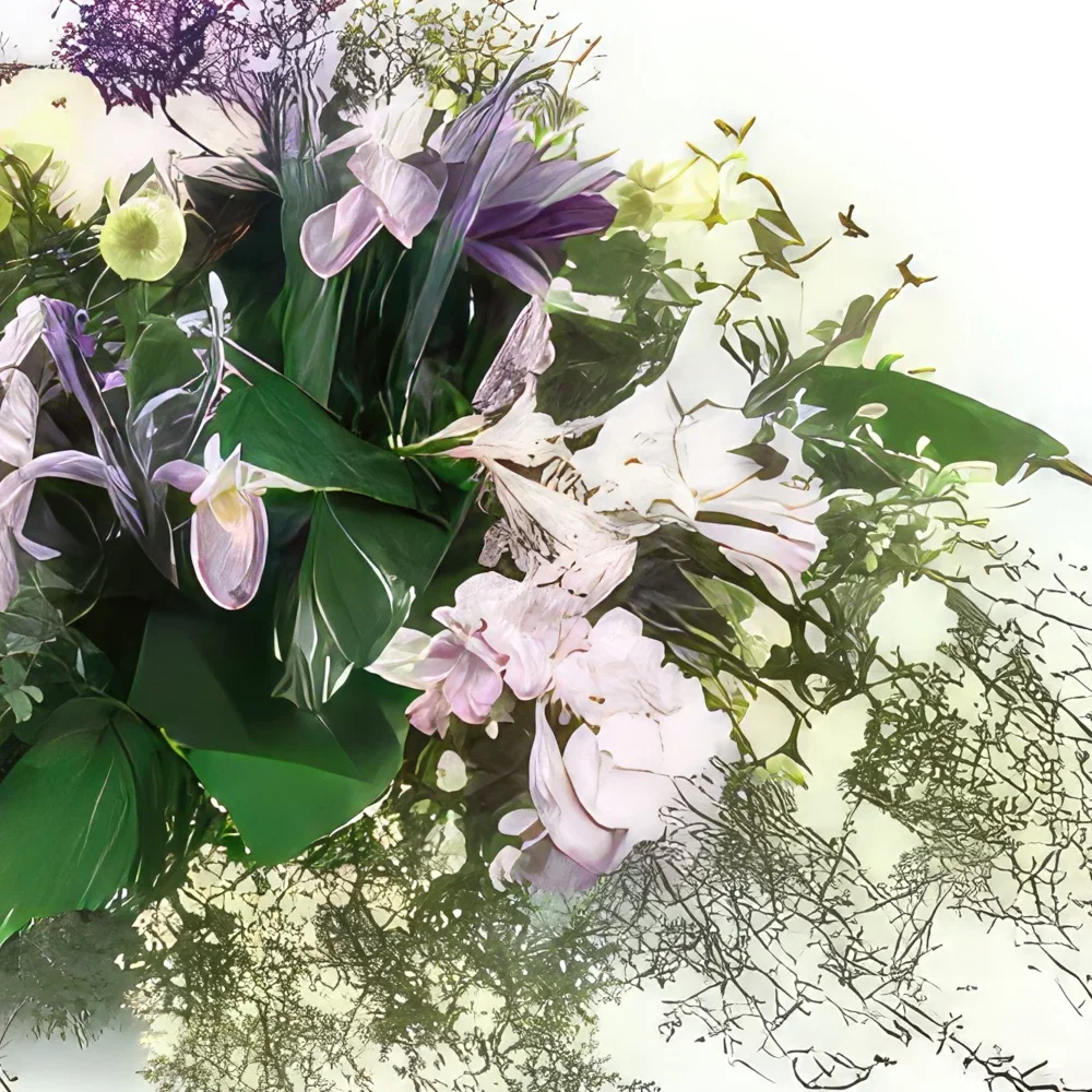 リヨン 花- 厳粛な藤色と白い喪服 花束/フラワーアレンジメント