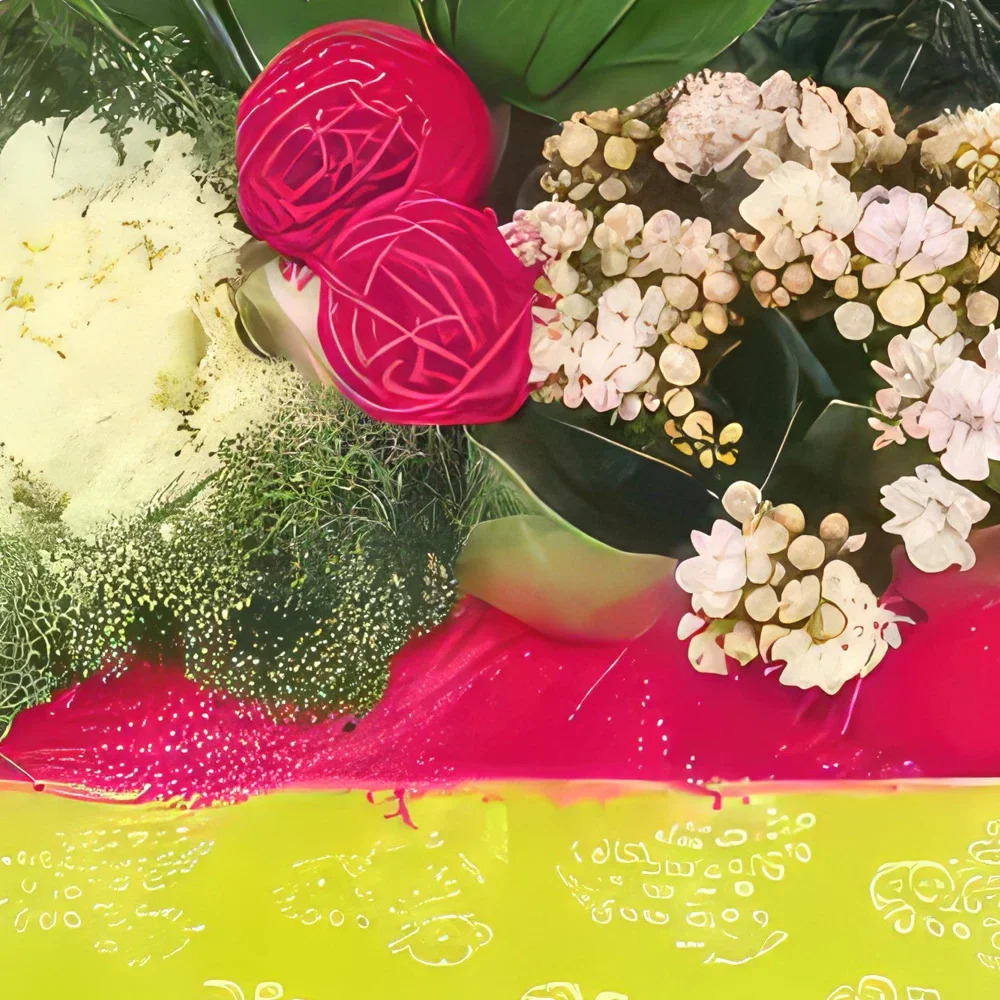بائع زهور نانت- تكوين تذكاري أبيض ، وردي ، فوشيا باقة الزهور