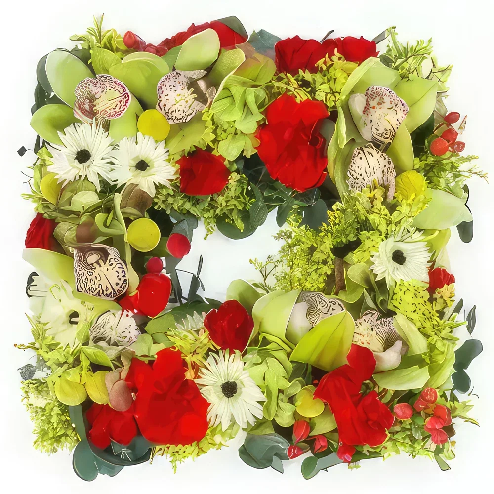 بائع زهور تولوز- مربع من الزهور الحمراء والخضراء مخيط Éole باقة الزهور