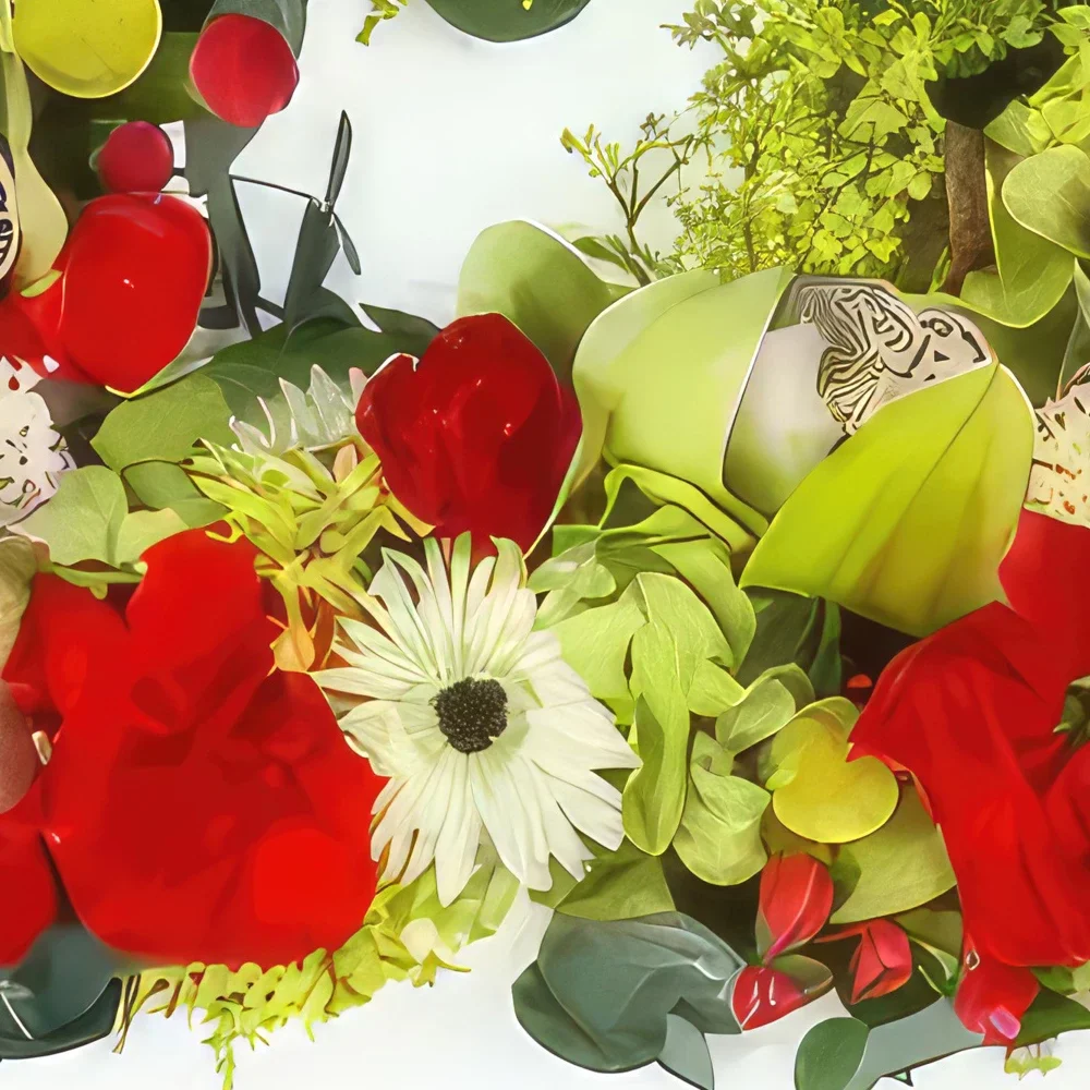 Lyon-virágok- Piros-zöld varrott virágok négyzete Éole Virágkötészeti csokor