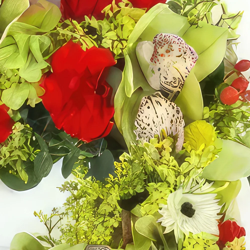 Lyon-virágok- Piros-zöld varrott virágok négyzete Éole Virágkötészeti csokor