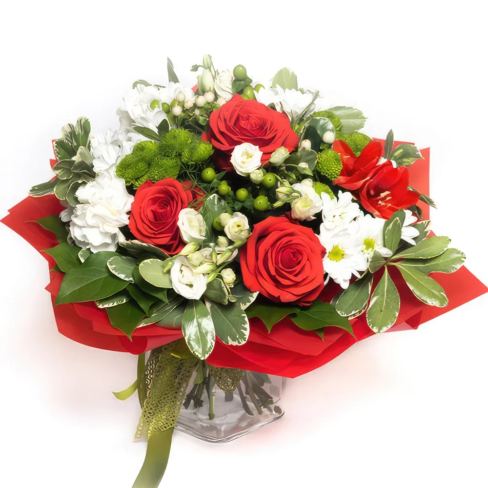 ליל פרחים- זר הפתעה של חנות פרחים באדום ולבן זר פרחים/סידור פרחים