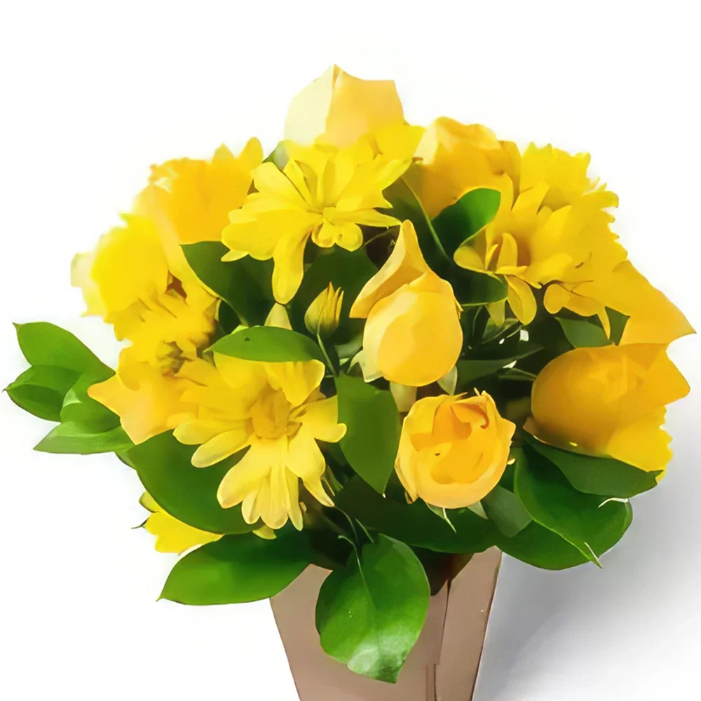 Fortaleza bunga- Susunan Daisies Kuning dan Mawar Sejambak/gubahan bunga