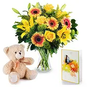 Peseggia - Gardigiano Online blomsterbutikk - Gule blomsterbukett med kosedyr og bil Bukett