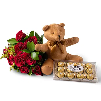 Brazil flowers  -  Bouquet of 12 Red Roses, Teddybear and Chocol Delivery