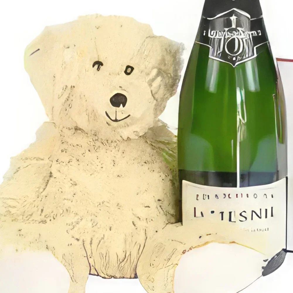 Pau blomster- Teddybjørn og Champagne Blomsterarrangementer bukett