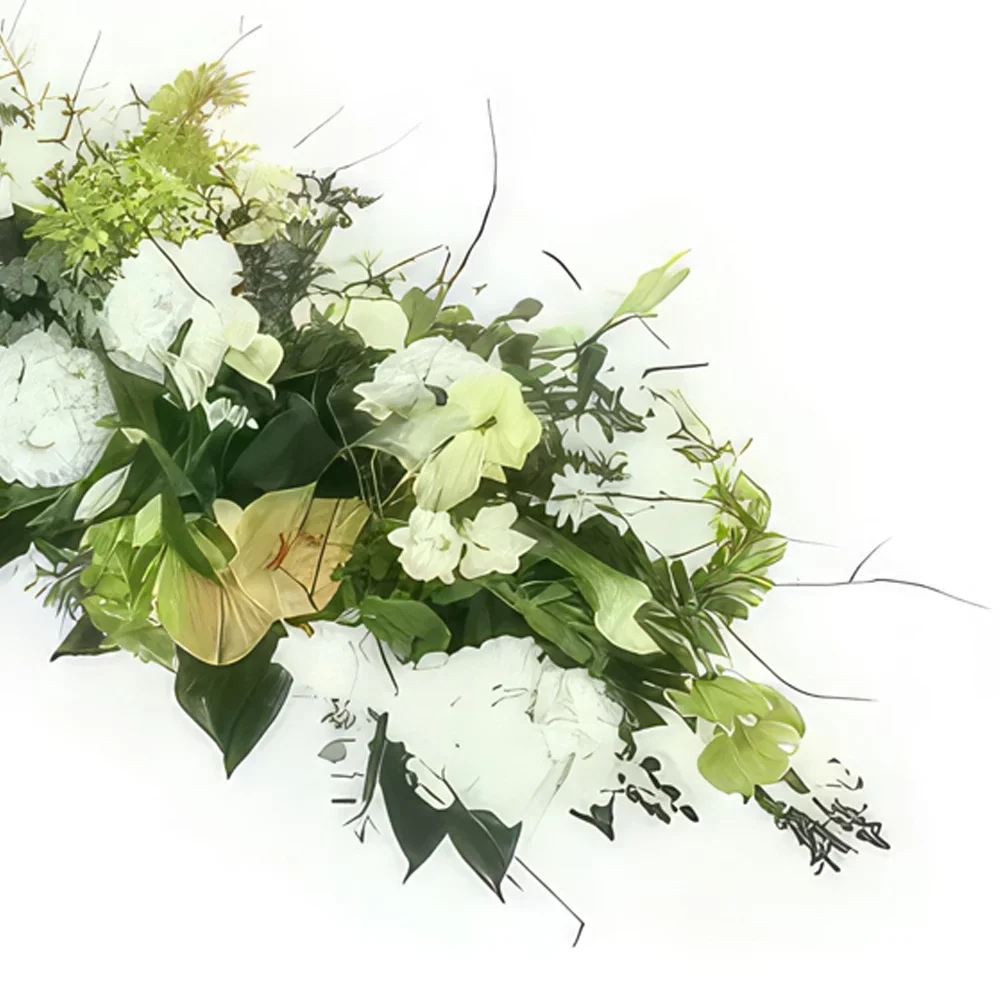 Pau-virágok- Ulysses fehér és zöld koporsó teteje Virágkötészeti csokor