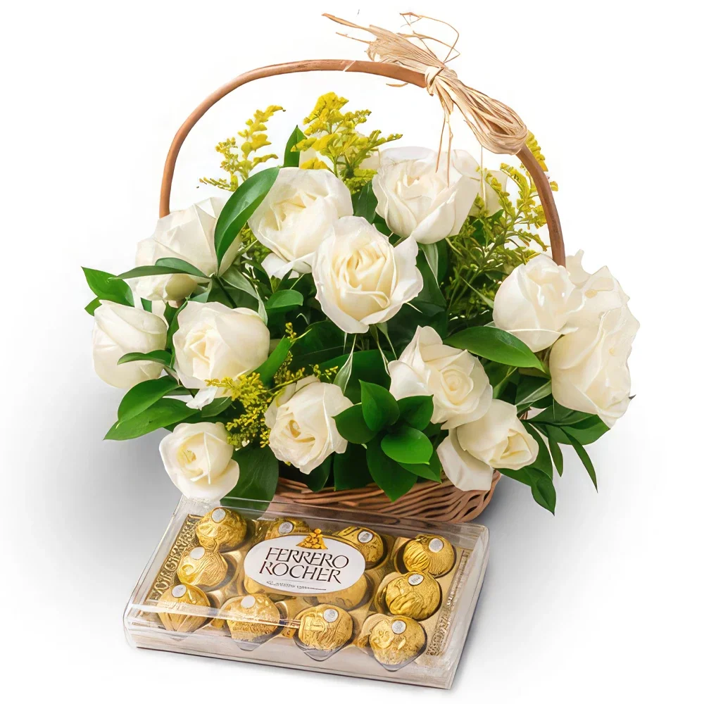 Recife flori- Coș cu 24 de trandafiri albi și ciocolată Buchet/aranjament floral