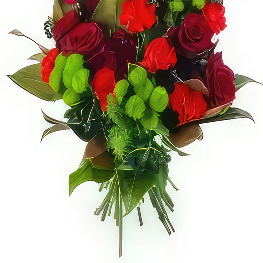 Pau-virágok- Zeusz piros és zöld virágok koszorúja Virágkötészeti csokor